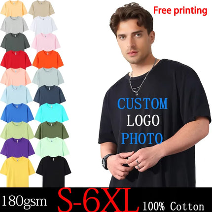 Free Printing 180gsm 100% Cotton Short Sleeve Tops Tee, Custom Order Choice Yourself, Unisex O-Neck Men's T-Shirt Plus Size S-6XL