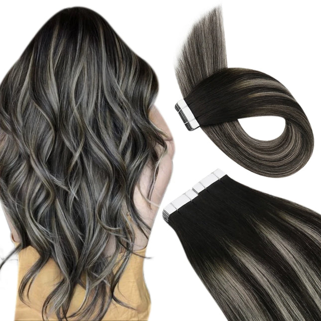 Ugeat Tape-in Hair Extensions, Human Hair, Real Natural Brazilian Remy Hair, Straight Seamless Skin Weft, For Women, Balayage, 20P/40P