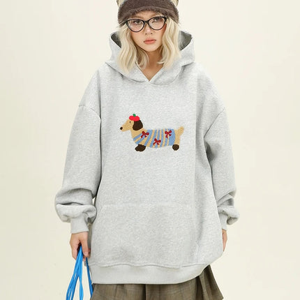 Women Sweatshirt Streetwear Couples Tops Casual Loose Hoodie Autumn Winter Cartoon Dog Embroidery Hooded Pullover