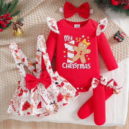 Baby girl cute Christmas costume round neck ruffled long sleeved jumpsuit and suspender jumpsuit, red bow socks and bow headband