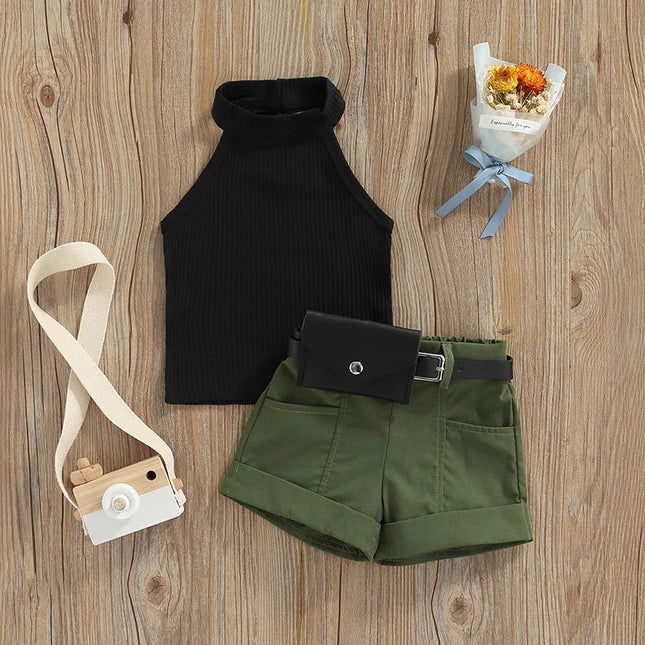 Newborn Toddler Baby Girls' Clothes 3PCS Summer Outfits Sleeveless Halter Tops Shorts Waist Bag Children's Clothing Set