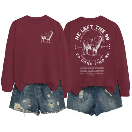 Faith-Based Gift Sweatshirt Christian Gift "He Left The 99" Sheep Graphic Pullover Perfect for Easter Bible Verse Crewneck Tops