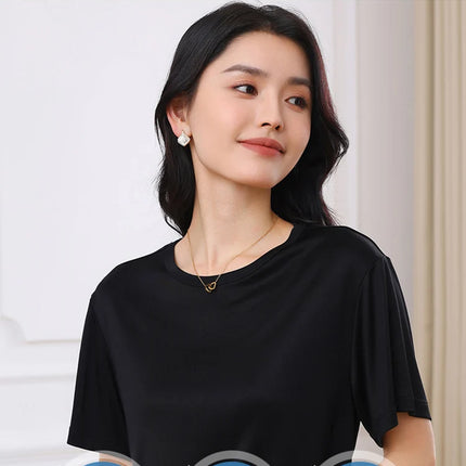 Summer Women's Short Sleeve O-Neck T-Shirt Knitted Acetate Fabric High-End Thin Pullover Top for Ladies