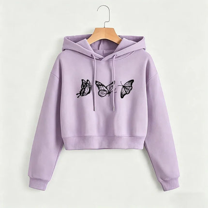 Vintage Butterfly Print Cropped Sweatshirt Crop Top Hoodie Y2k Sweatshirts Gothic Casual Style Clothes Autumn Winter