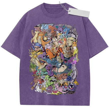 Vintage Washed Tshirt Pokemon Anime Characters Oversized Print Streetwear Fashion Casual Daily Wear Party Campus