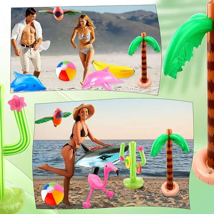 37 piece inflatable Hawaiian themed party set, including inflatable palm trees, inflatable banana beach balls, flamingo toys, flying parrots and dolphins, Hawaiian flower garlands, turtle back bamboo leaves, Hawaiian flowers,