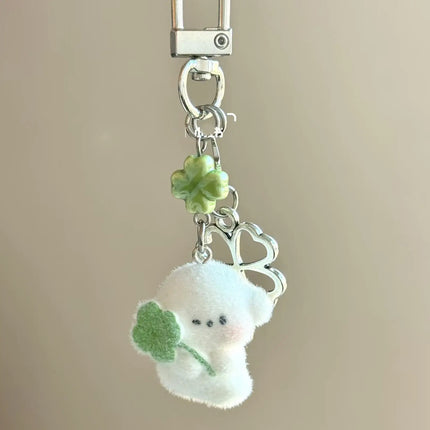 1/2pcs Cute Clover Hug Dog Pendant Keychain Lanyard Flocking Puppy Mobile Phone Straps Pendant Keyring Schoolbag Decorative