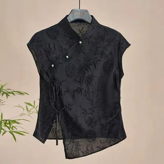 Retro Thin Shirt New Chinese Style Slanting Lapel Cheongsam Top 2025 Summer Black Jacquard Short Sleeve T-shirt Women's Clothing