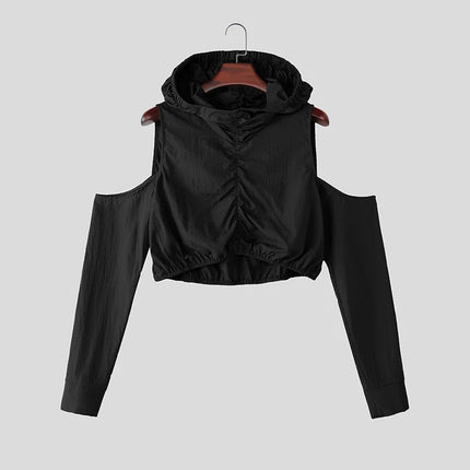 INCERUN Men's T Shirt Solid Color Pleated Off Shoulder Long Sleeve Hooded Men Clothes Streetwear Loose 2026 Crop Tops For Man