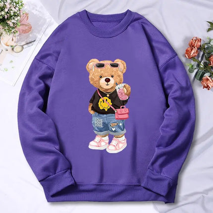 Bear Sister Drinking Milk Tea Printing Women'S Hoody Autumn Warm Fleece Sweatshirt Casual Hoodies Hip Hop Loose Pullovers Top