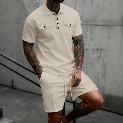 Summer Men's Waffle Knit 2 Piece Outfit Short Sleeve Polo with Pockets & Casual Shorts Set