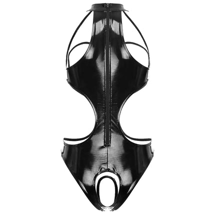 Womens Wetlook Faux Leather Cupless Bodysuit Halter Neck Sleeveless Rave Dance Clubwear Leotard Sexy Open Crotch Bodycon Catsuit