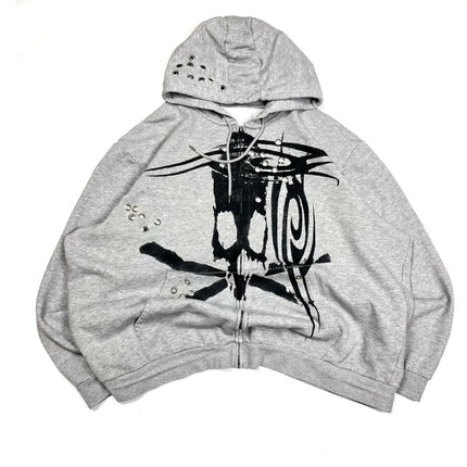 Retro Light Grey Zipper Hoodie for Men And Women Harajuku Style Gothic Chicken Eye Pattern Printed Casual Streetwear Sportswear