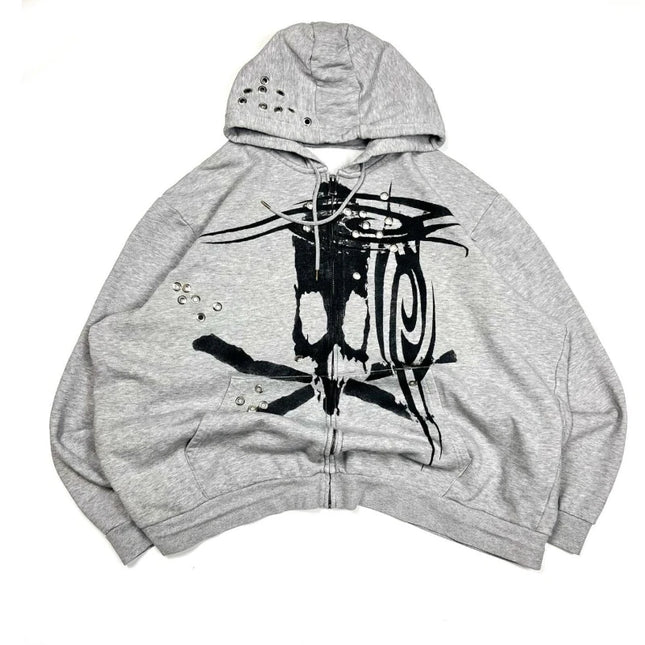 Retro Light Grey Zipper Hoodie for Men And Women Harajuku Style Gothic Chicken Eye Pattern Printed Casual Streetwear Sportswear