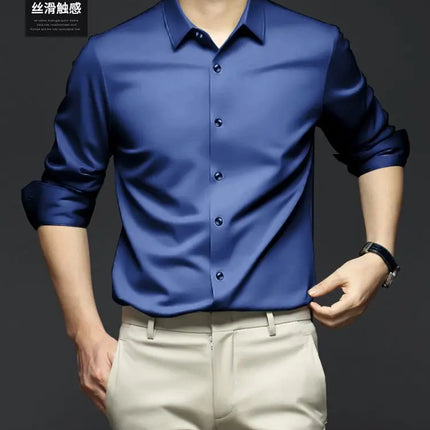 S-6XL Men's Long Sleeve Shirt Luxury Wrinkle Resistant Pure White Shirt Business Dress Casual Ice Silk Glossy Shirt