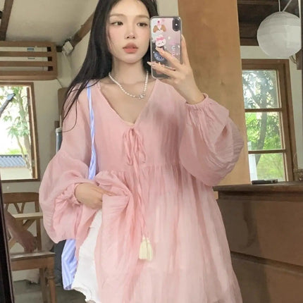 Korean Version V-neck Long Sleeved Shirt for Women's Spring 2024 New Loose Medium Long Sun Protection Shirt Top Two-piece Set