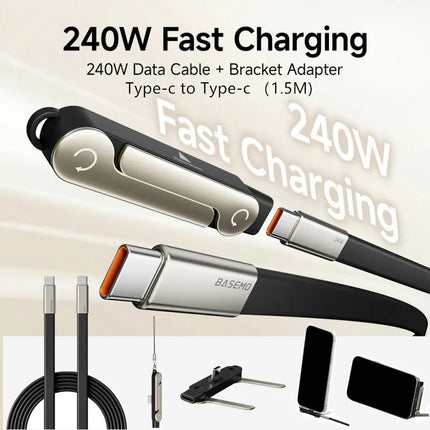 240W PD Type C Fast Charging Cable Foldable Bracket 2-in-1 Data Cable Phone Stand Charge Wire For iPhone Macbook Xiaomi Samsung