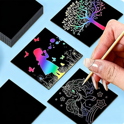 50/100 Rainbow Scratch Art Notes - Magic Scratch Paper Note Cards Handmade DIY Party Favors Suitable for Birthday, Halloween, Christmas Stocking Stuffers, Gift Boxes, Thanksgiving, and New Year Gifts