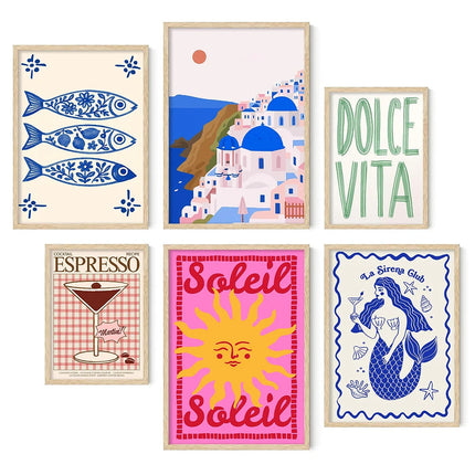 Dolce Vita Gallery Wall Set Mediterranean Preppy Coastal Prints Dopamine Decor Print Kitchen Bar Cart Art Canvas Painting