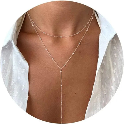 Gold Necklace for Women 14k Gold Plated/Silver Y-Shaped Pendant Necklace Layered Beaded Chain Drop Necklaces For Women Gift