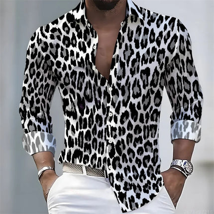 New Men's Leopard Print Long-Sleeved Shirt, Trendy Retro Slim-Fit Turn-Down Collar Casual and Stylish Men's Shirt, Sizes S-6XL.