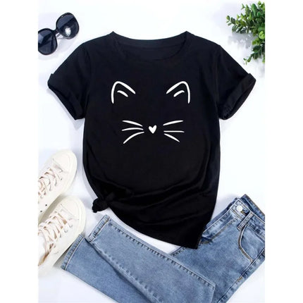 Pure Cotton Breathable Children's T-shirt 2026 Fun Cat Cartoon Print Fashionable Parent-child Outfit Men's and Women's Top