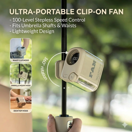 Hands-free Wearable Waist Fan & Umbrella Clip-on Fan 16000RPM Powerful Portable Fan Stepless Control Digital Display Mini Fan