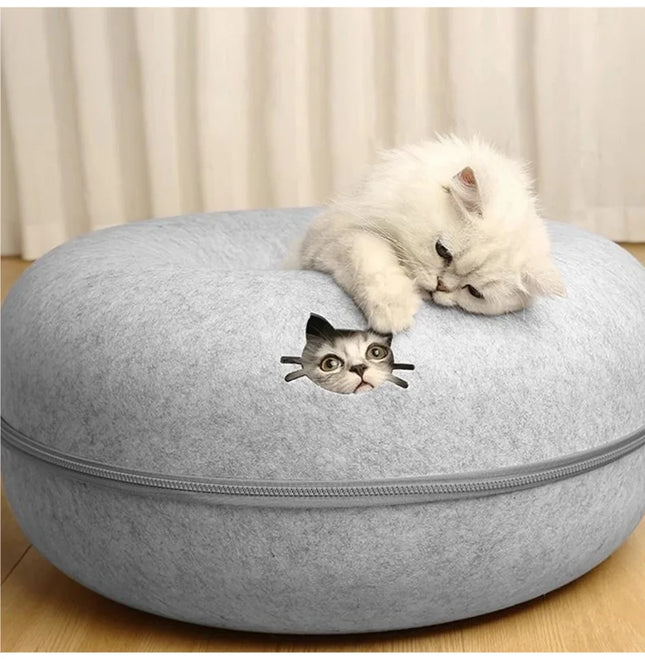 Felt Donut Bed for Cats House with Breather Hole Dog Bed Interactive Play Toys for Cats to Hide 2-in-1 Tunnel for Cats Bed