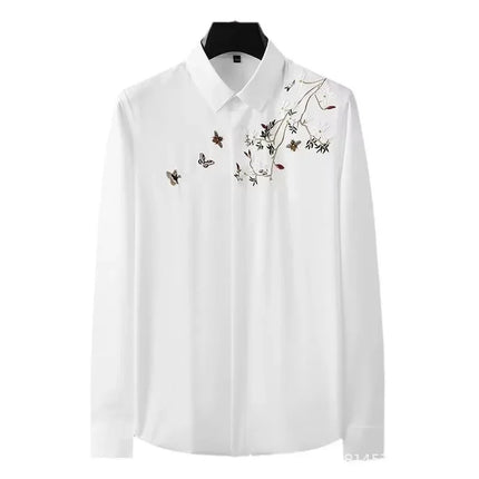 Elegant Chinese Style Embroidered Long Sleeve Men's Casual Shirt Autumn Iron Free Slim Fit Fashionable Top Men's Dress Shirt
