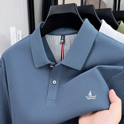 100% Pure Cotton Men's New Long Sleeve Polo Spring Business Golf Versatile Luxury Comfortable Delicate Sailboat Embroidered Top