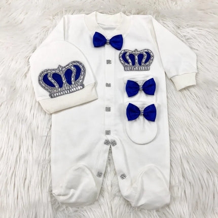 Original UK Prince Take Me Home Outfit Baby Crown Jewels set Baptism Bling Outfit Rubybelleb Light Blue 3pcs Layette Swaddle Set