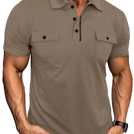 Summer Men's Short-Sleeve Polo Shirt Casual Solid Color Turn-Down Collar T-Shirt Pullover Top Henley Shirt with Pockets