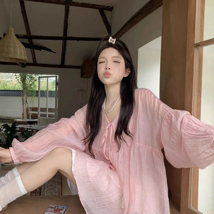 Korean Version V-neck Long Sleeved Shirt for Women's Spring 2024 New Loose Medium Long Sun Protection Shirt Top Two-piece Set
