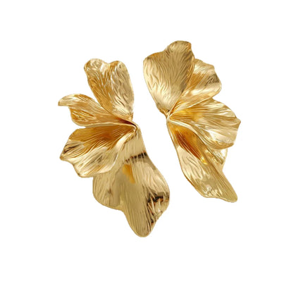 Stainless Steel Golden Double Layered Five Petal Flower Earring for Women Vintage Stripe Flower Dangle Earrings Jewelry Gifts
