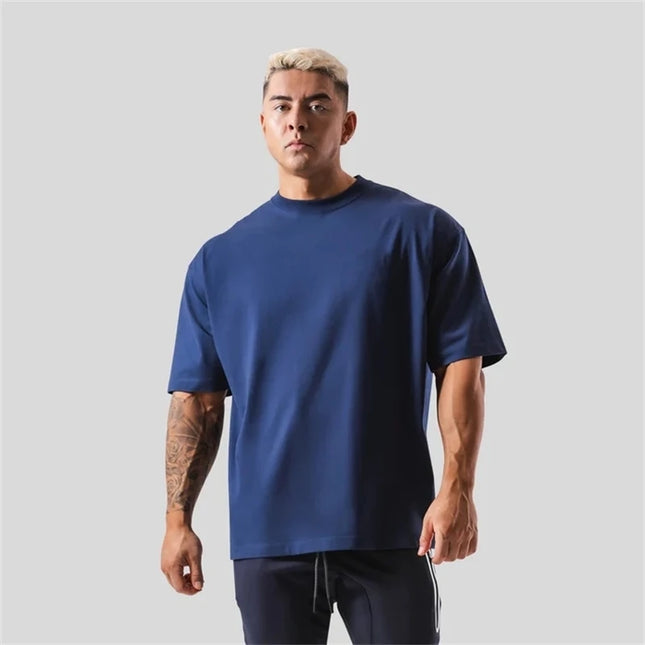 230G M-5XL Solid T Shirt 100% Cotton Gym Sport Fitness Loose Large Size Men Short Sleeve Running Shirt Men Workout Training Tees