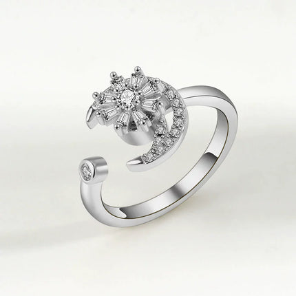 VENTFILLE 925 Sterling Silver Moon And Stars Zircon Rotatable Ring For Women Gift Diamond Relieve Stress Ring Jewelry Wholesale