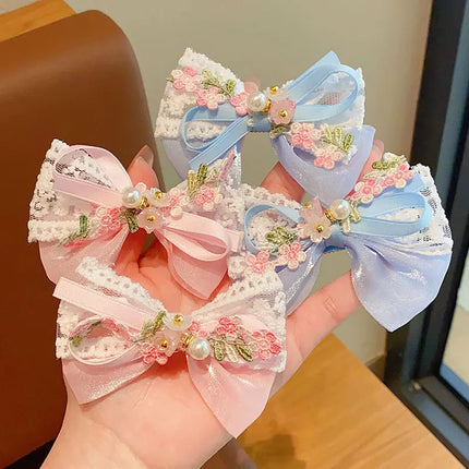 2PCS/Set Cute Flower Embroidery Bow Hair Clips for Baby Girl Sweet Bowknot Duck Tongue Clips Kids Barrettes Fairy Headdress
