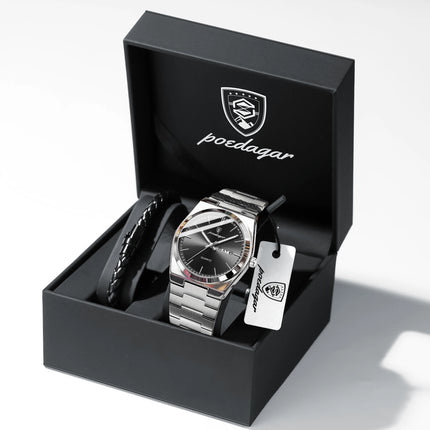 POEDAGAR Fashion Casual Men's Wristwatch Waterproof Luminous Date Week Men's Watches Stainless Steel Quartz Business Men Watch+Box