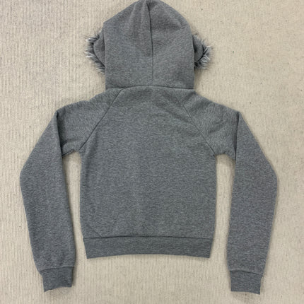 Heather Grey Faux Fur Trim Hooded Cropped Zip Up Sweatshirt Radiant Silver Stud Decor Raglan Slim Jacket