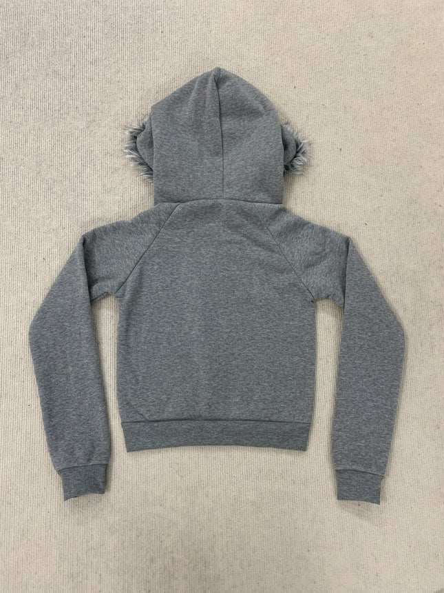 Heather Grey Faux Fur Trim Hooded Cropped Zip Up Sweatshirt Radiant Silver Stud Decor Raglan Slim Jacket