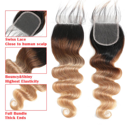 Ombre Body Wave Bundles With Frontal T1b/4/27 Colored Bundles With Frontal Brazilian Hair Bundles With Lace Frontal Closure