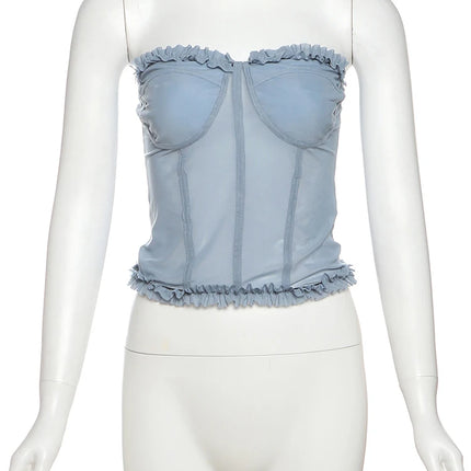 Nibber Folds Sexy Fishbone Strapless Tops Patchwork See Through Skinny Summer Backless Daily Street Versatile Sweet Clothes