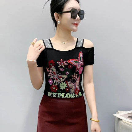 Summer Streetwear Fashion Women's T-shirt Luxury Design Butterfly Hot Diamonds Tee Sexy Off Shoulder Girls Tops European Clothes