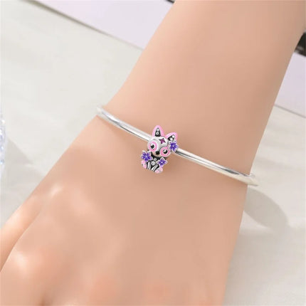 925 Sterling Silver Inlaid Heart-Shaped Beads & Rose Dangle Charm Fits Snake Bracelet Boutique Necklace Purple Pendant Gift