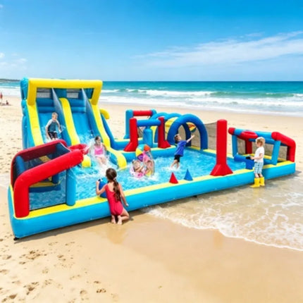AirJump Inflatable Bounce House Water Park with Double Slides Obstacle Ball Pit for Kids Backyard Summer Party Birthday Gift