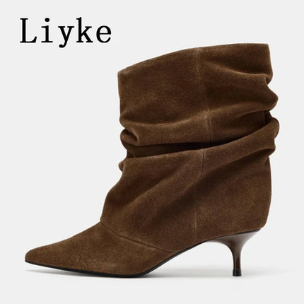Liyke Brown Retro Elegant Designer Ankle Boots Women Fashion Pleated Suede Autumn Winter Low Thin Heels Party Prom Chelsea Shoes
