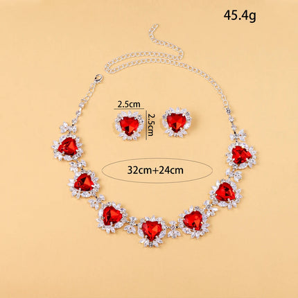 Exaggerated Rhinestone Red Heart Necklace Earrings Women Fashion Romantic Jewelry Set Light Luxury Banquet Wedding