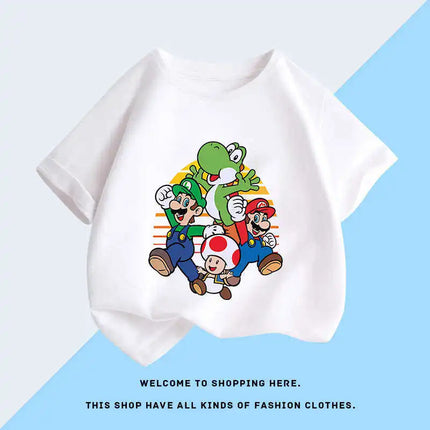 Summer new Super Mario cartoon children's cotton short-sleeve T-shirt, cartoon game trendy boys' casual short-sleeve top.