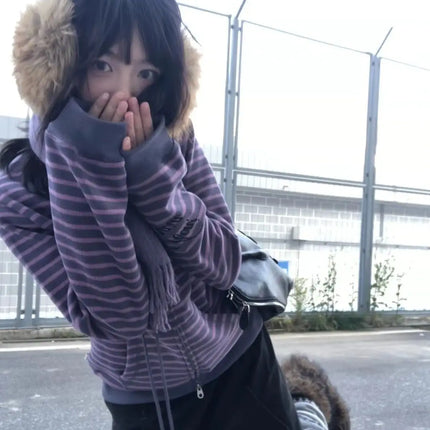 Y2K Vintage Zipper Hoodie Women Long Sleeve Subculture Purple Stripe Priint Harajuku Style Autumn Spting Casual Tops Streetwear