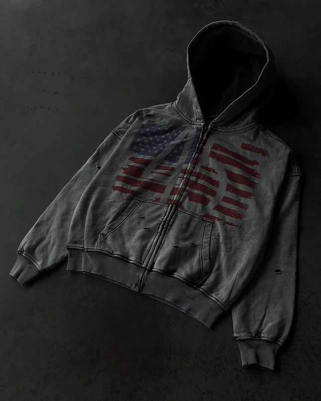 Retro American Flag Pattern Design Zip Up Hoodie for Men Hip Hop Harajuku Break Hole Loose Hoodies Y2k Streetwear Sweatshirt
